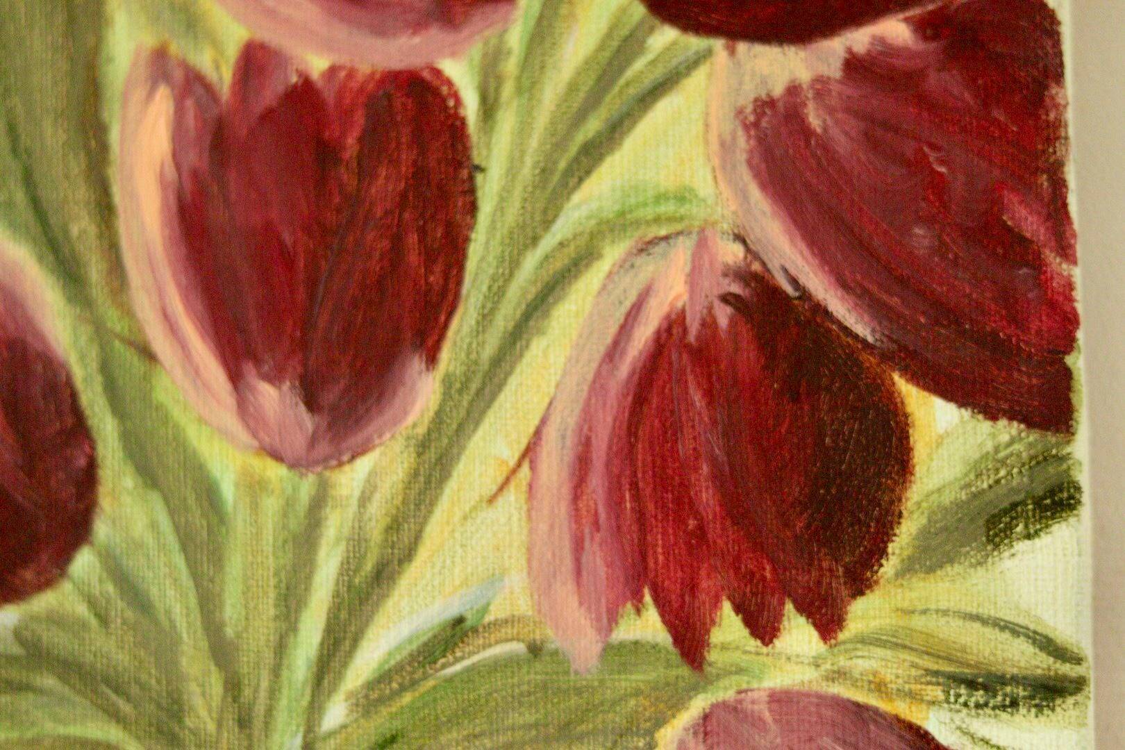 Nature morte aux tulipes – toile vintage d'un artiste non identifié