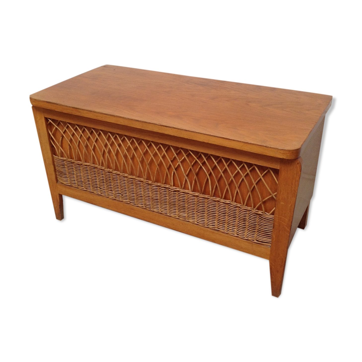 Banc coffre en bois et rotin vintage