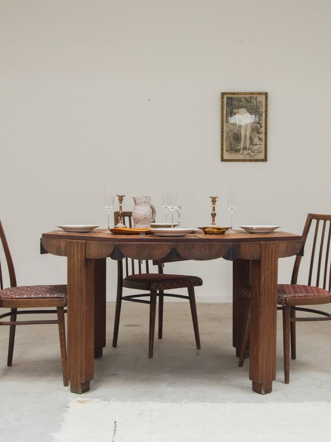 Solid wood octagonal dining table, Art Deco, France.