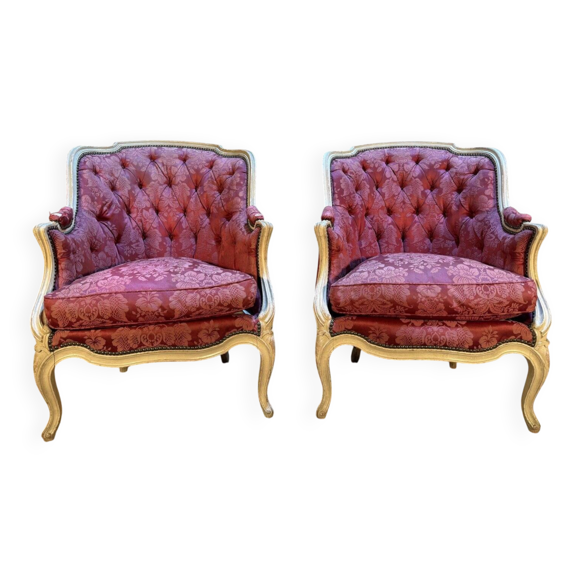 Pair of gondola armchairs in Louis XV style with highlighted wood.