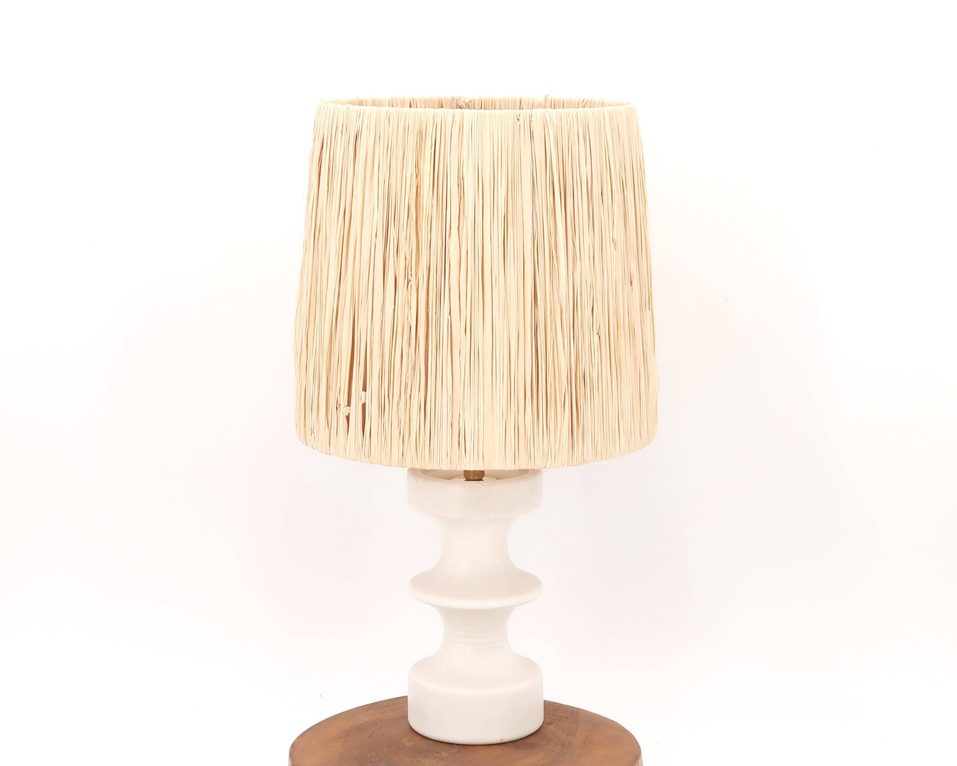 White ceramic lamp by Cari Zalloni, raffia lampshade