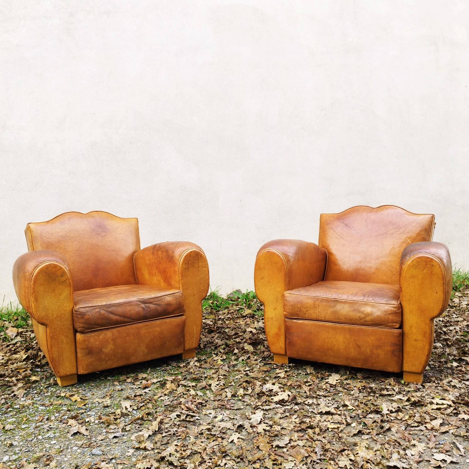 Paire de fauteuils club Moustache vintage cuir fauve