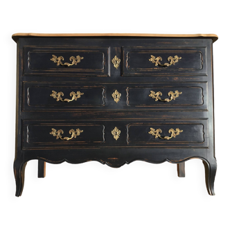 Louis XV style chest of drawers in black patinated cherry and natural wood top