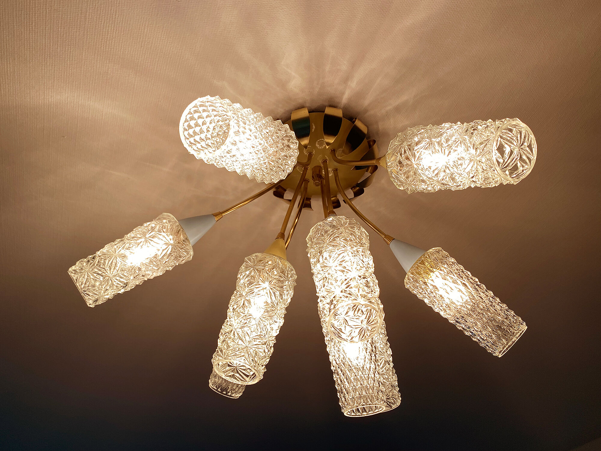 plafonnier lampe vintage, annees 50, verre laiton, bleu beige or