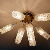 plafonnier lampe vintage, annees 50, verre laiton, bleu beige or