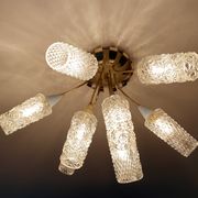 plafonnier lampe vintage, annees 50, verre laiton, bleu beige or