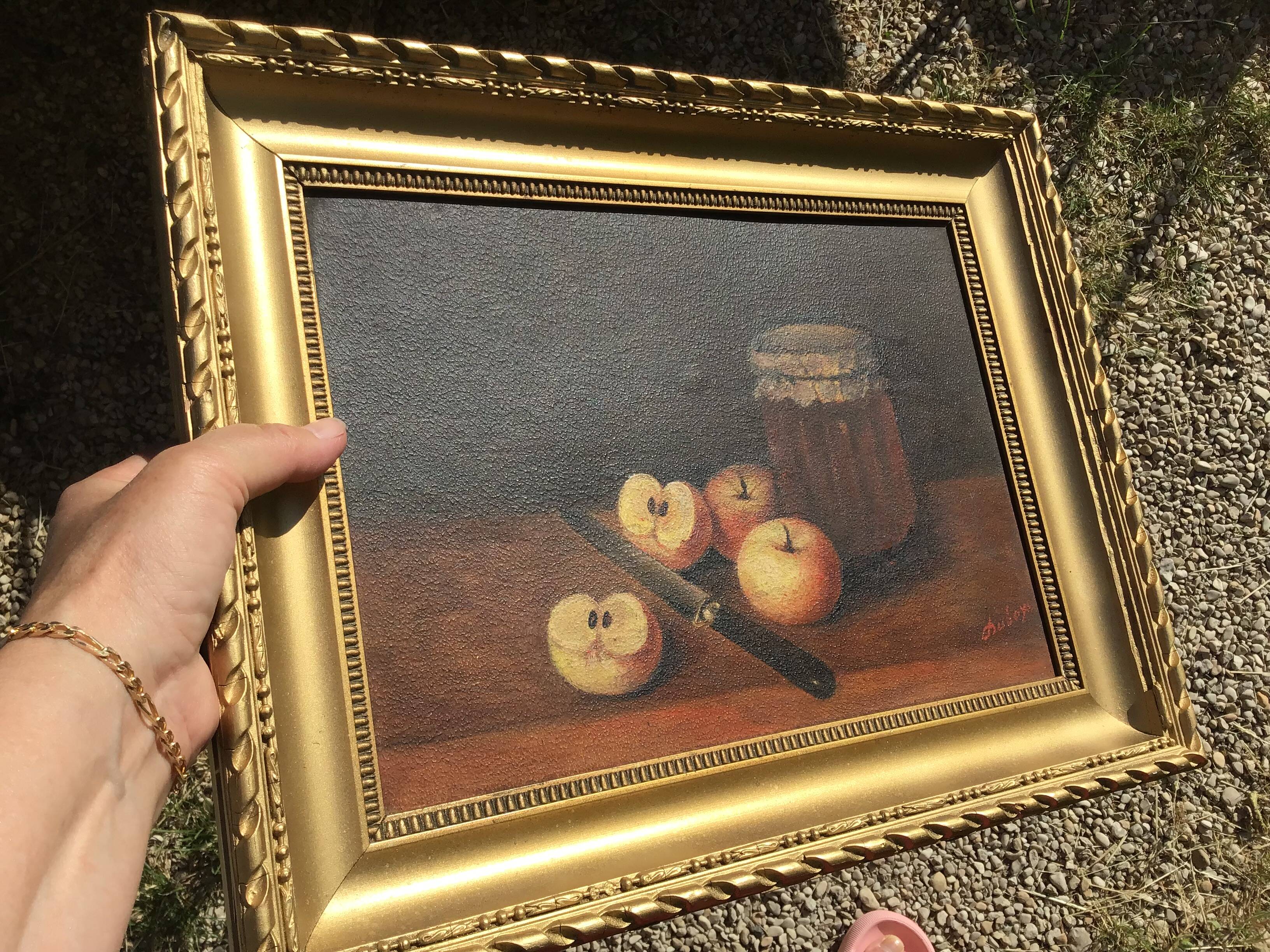 Painting on panel apples and the jar of jam