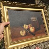 Painting on panel apples and the jar of jam