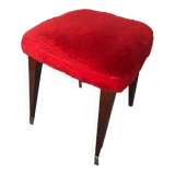 Ancien Tabouret Moumoute Rouge + Pieds Compas Bois Vintage