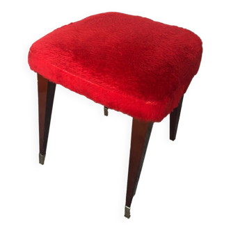 Ancien Tabouret Moumoute Rouge + Pieds Compas Bois Vintage