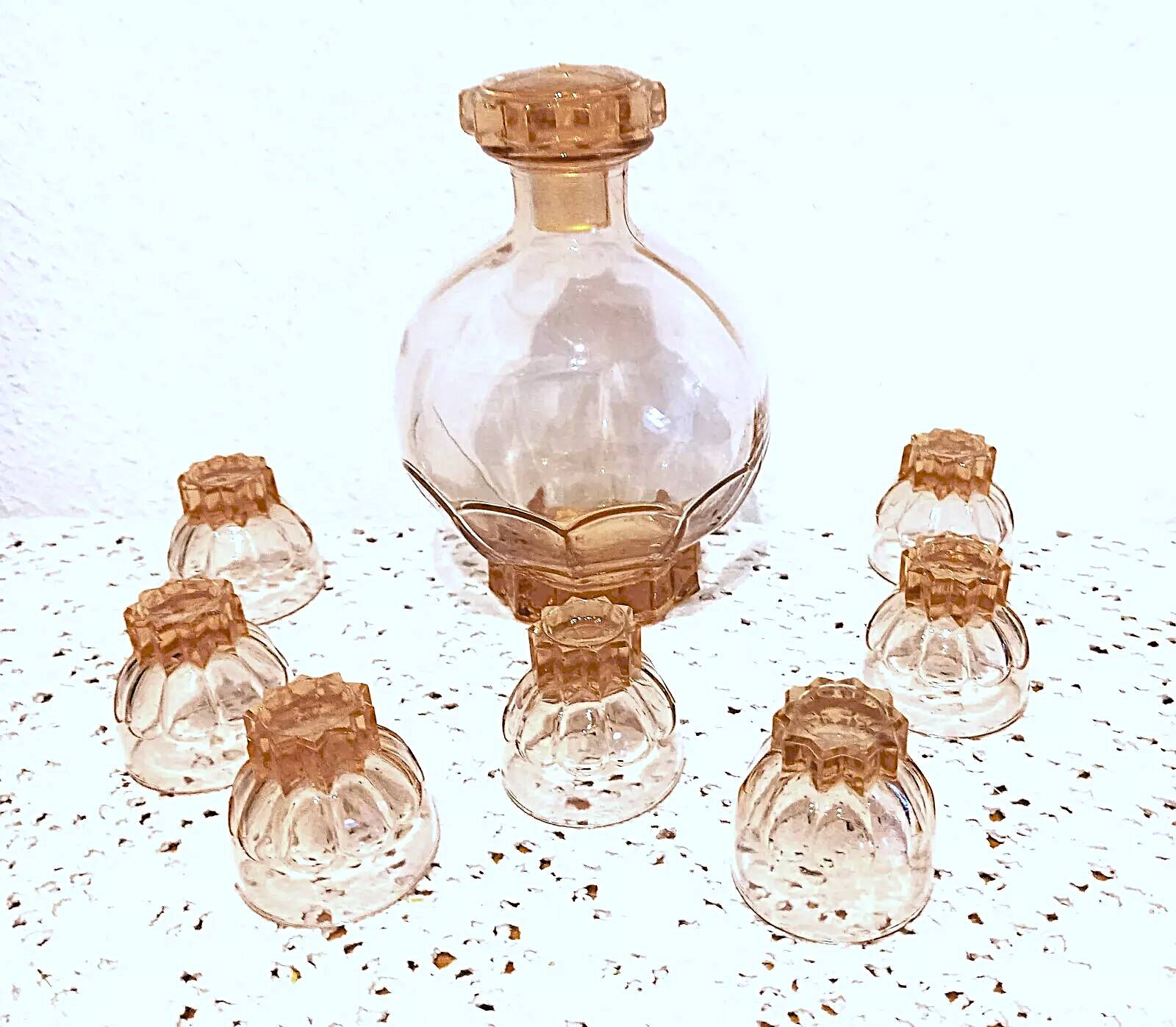 Ensemble Art Deco Carafe Verres Plateau en verre rose