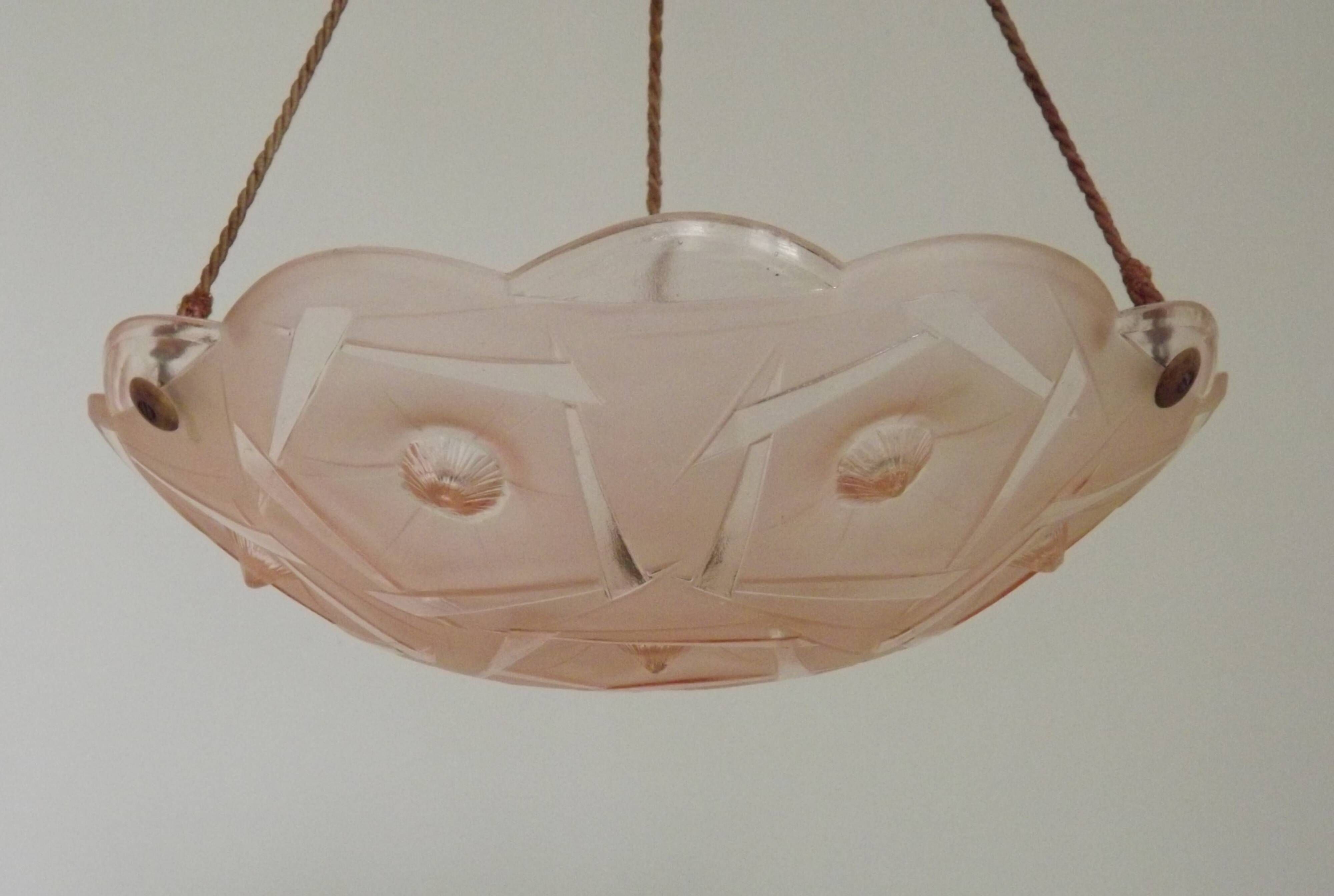 French Art Deco Stamped 1053 Pink Glass Plafonnier Hanging Light Pink Ropes