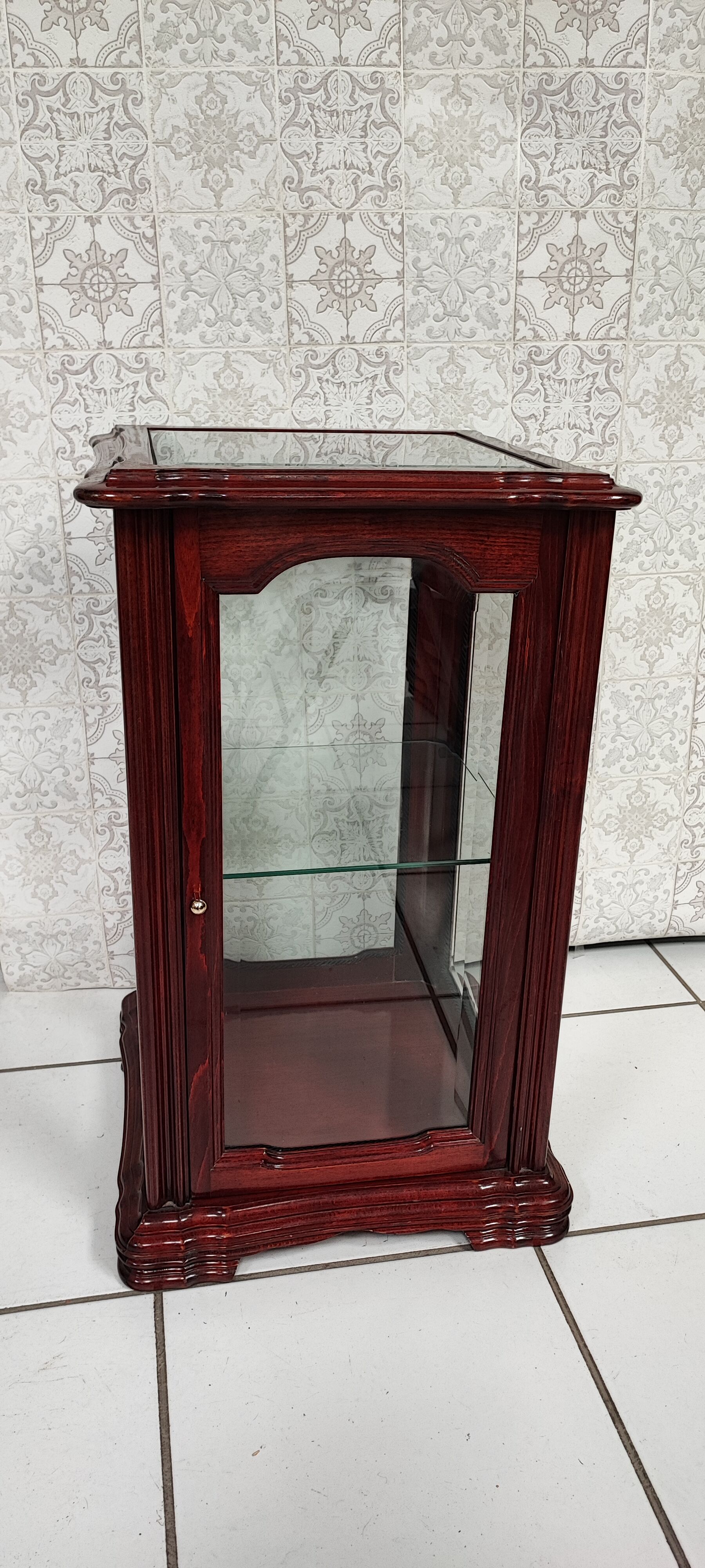 Showcase low glass beveled exotic wood