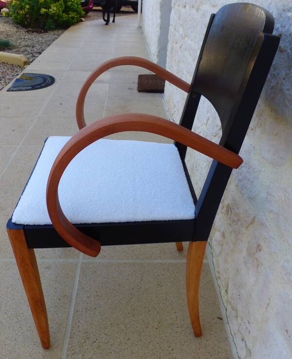 Old bridge armchair from the STELLA brand from the 50s in solid wood covered with terry fabric