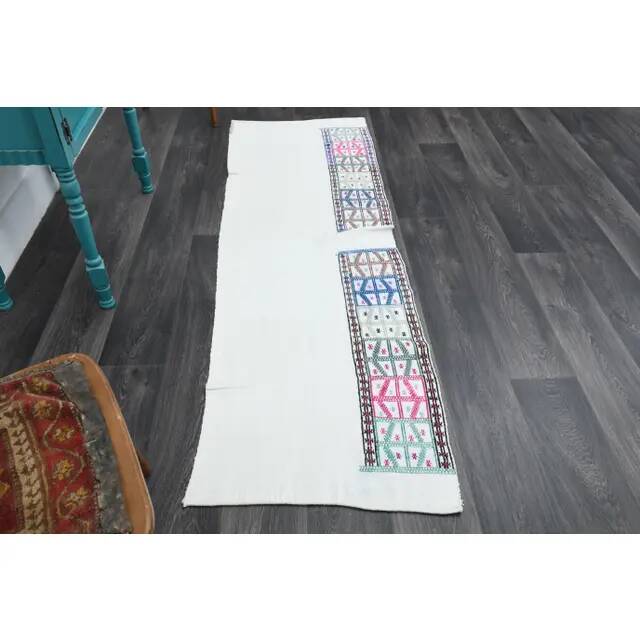 1970s Vintage Turkish Handwoven Wool Cotton White Runner Rug 69x215