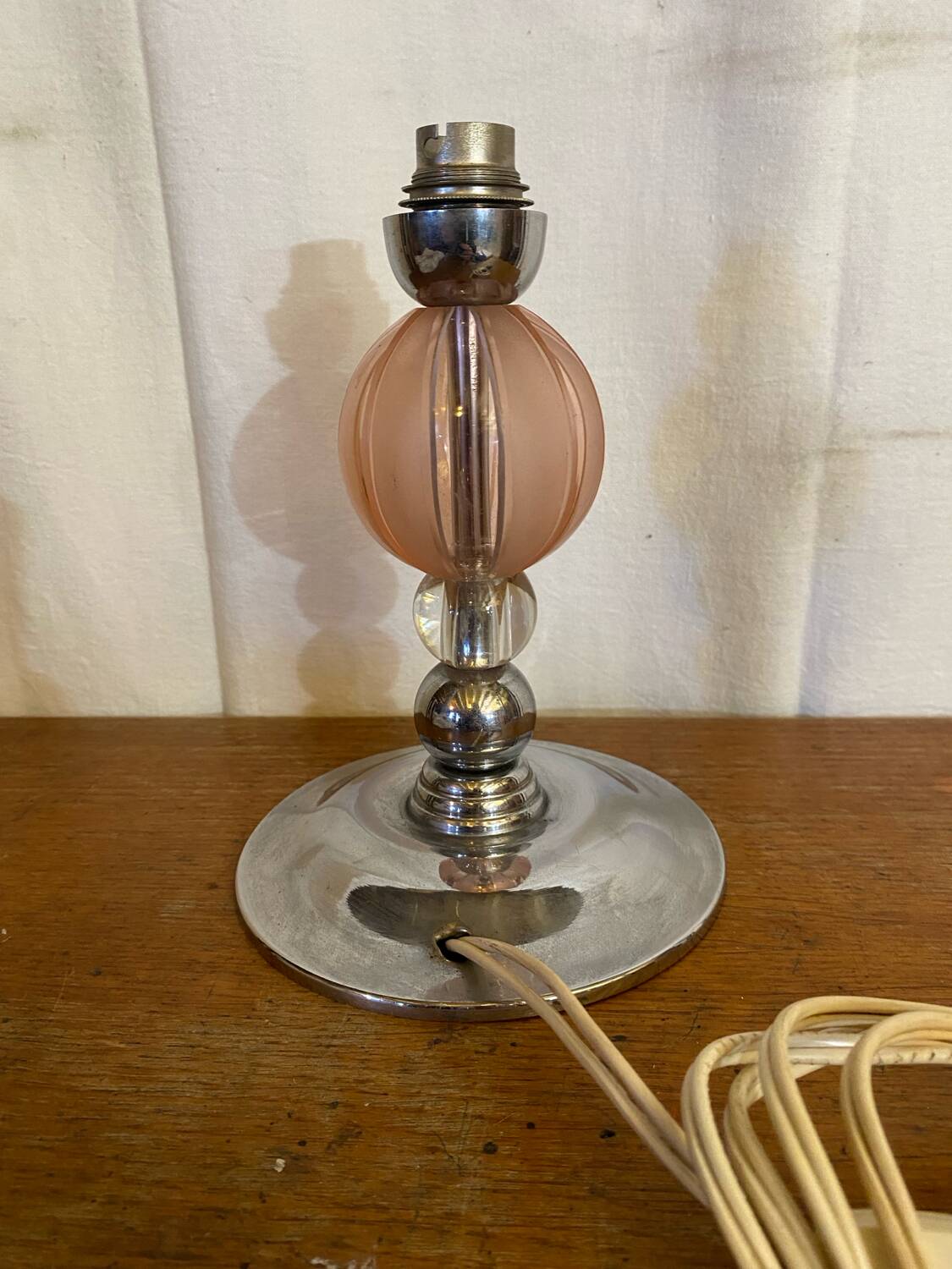 Antique Lamp Base Pink & Clear Glass Ball Chrome Base Vintage