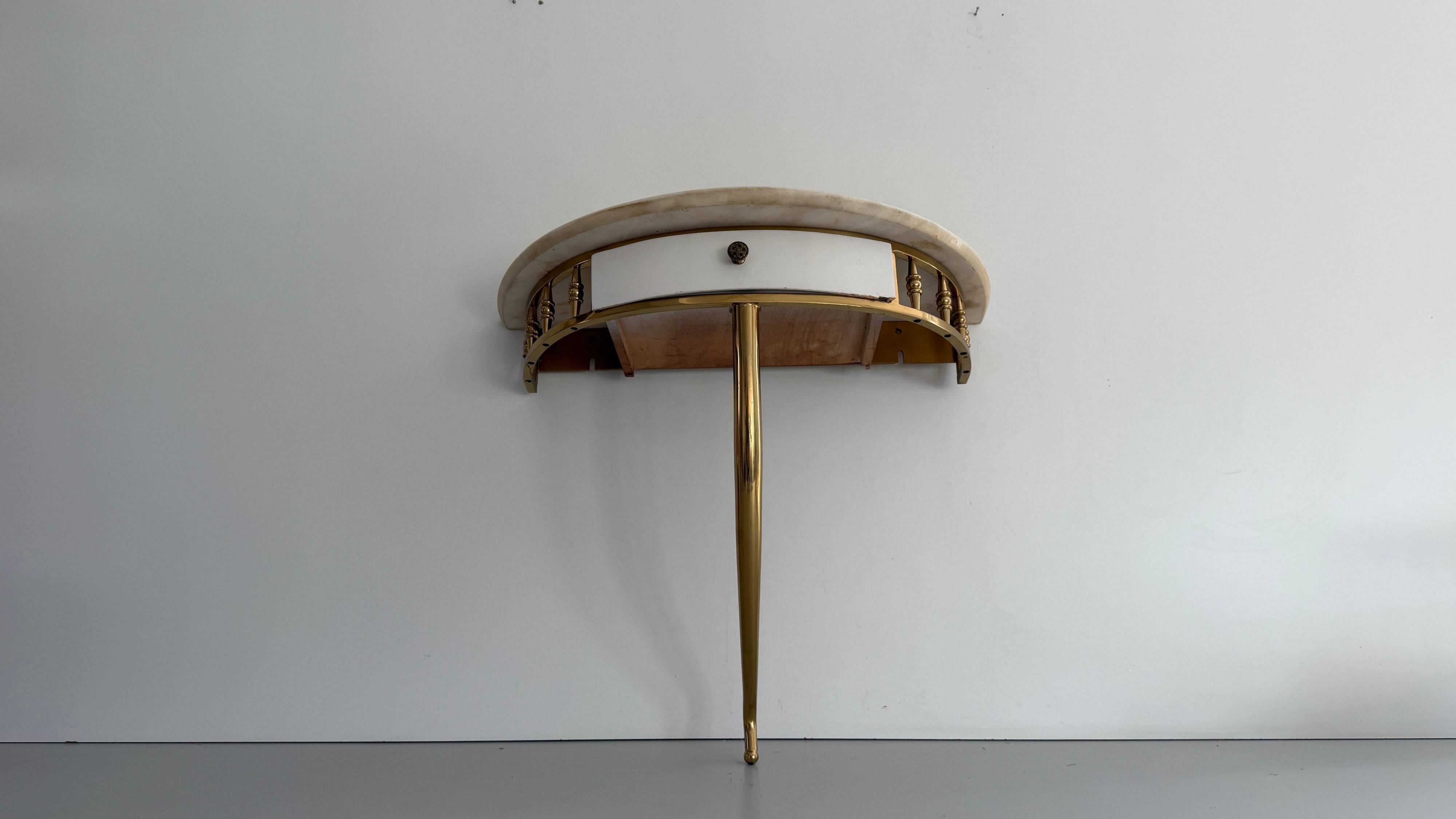 Floating wall console with drawer, brass body and marble top, 1960s, Italy