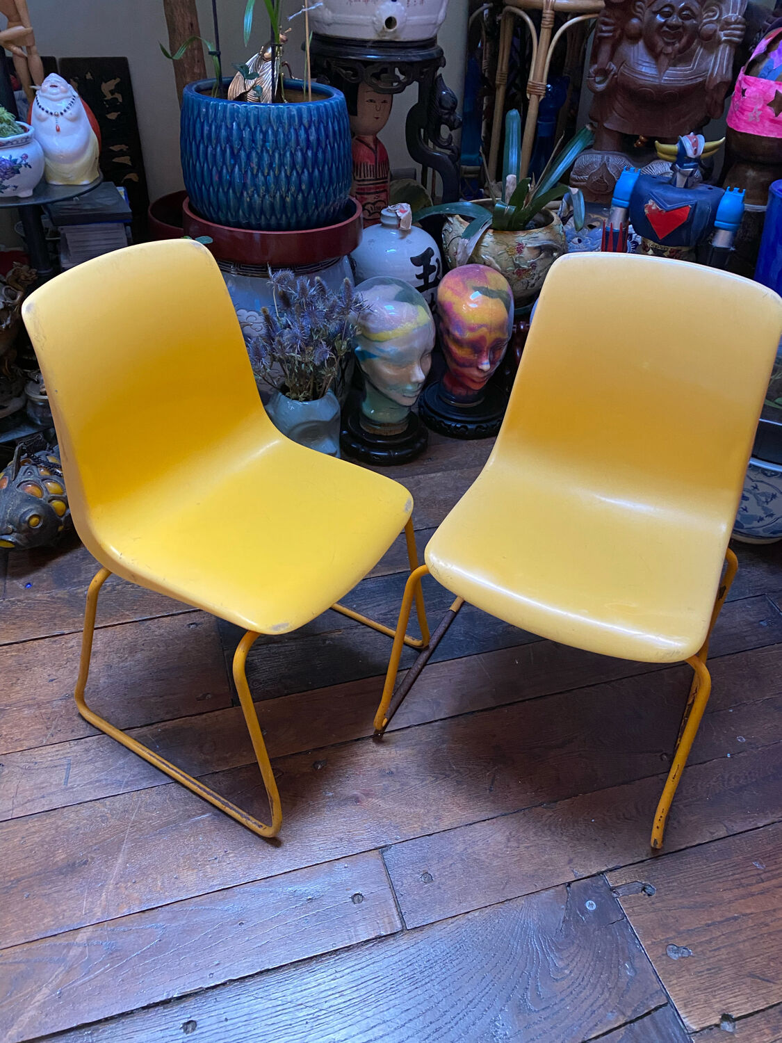 Duo of vintage Grofilex child kindergarten chairs yellow plastic