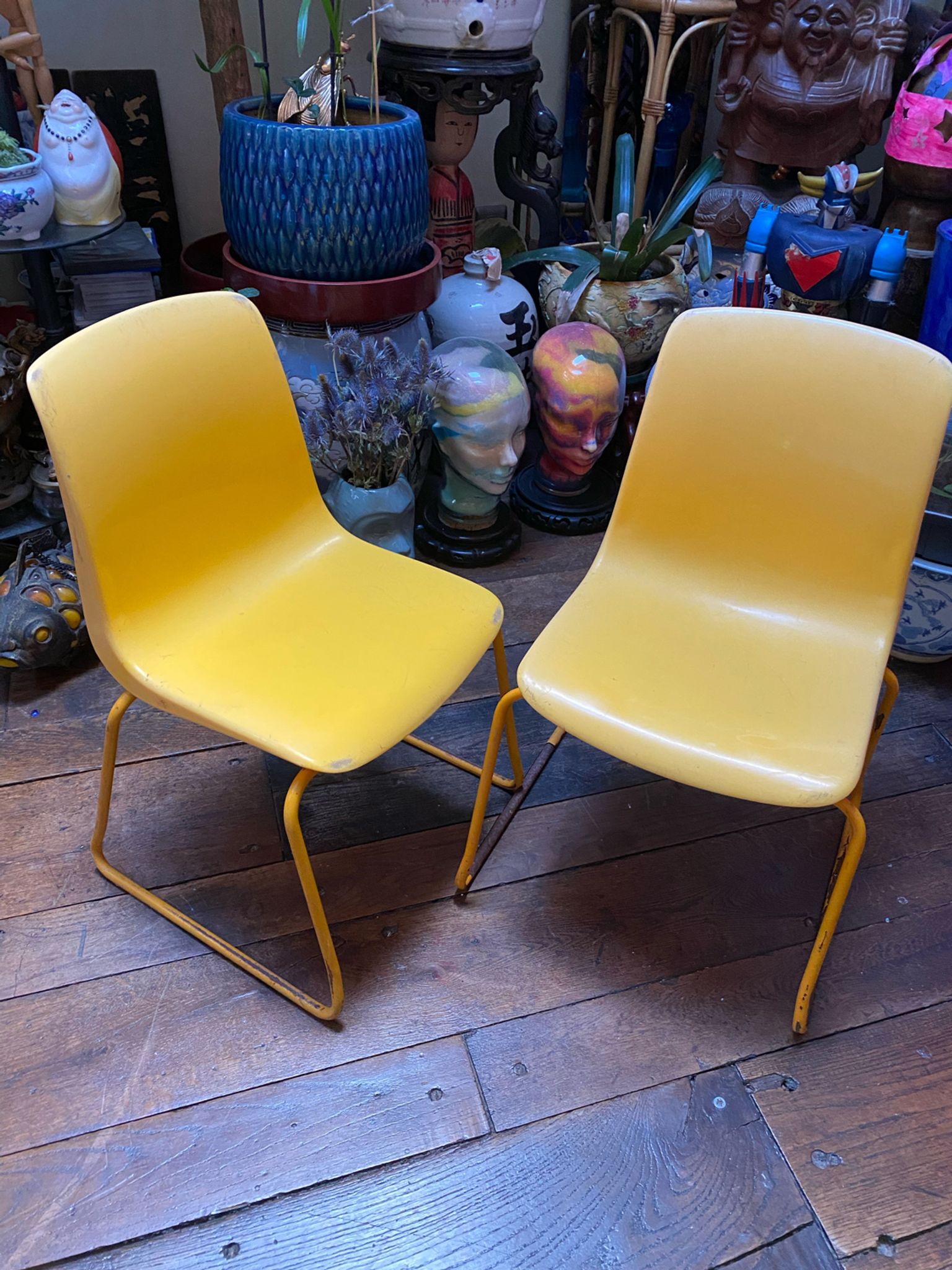 Duo of vintage Grofilex child kindergarten chairs yellow plastic