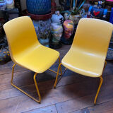 Duo of vintage Grofilex child kindergarten chairs yellow plastic