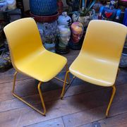 Duo of vintage Grofilex child kindergarten chairs yellow plastic