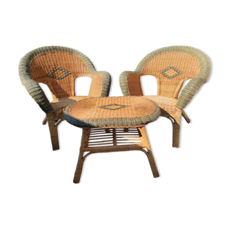 2 fauteuils et 1 table basse osier rotin
