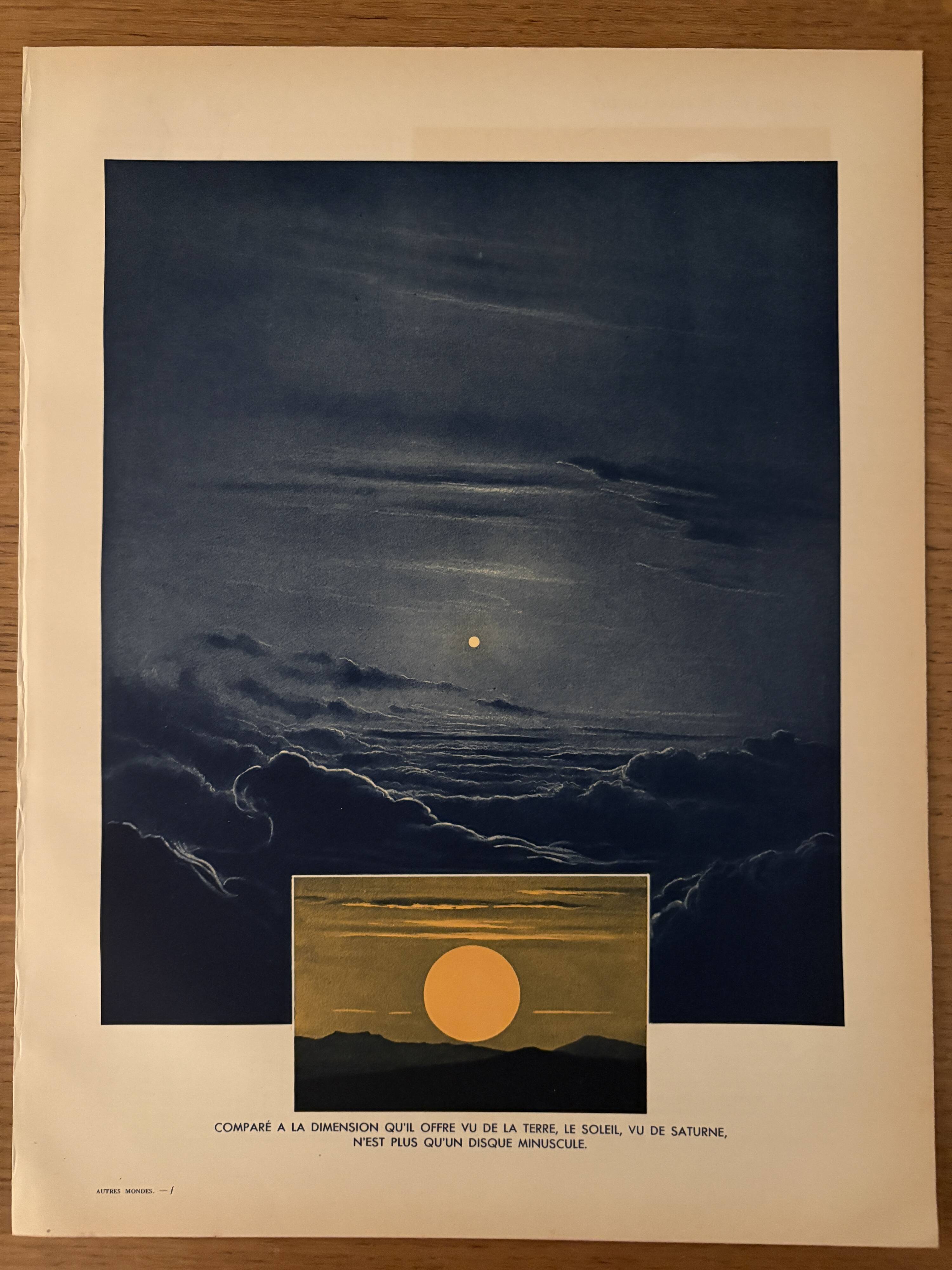 Ancienne illustration sur le soleil vu de Saturne et de la Terre – 1930