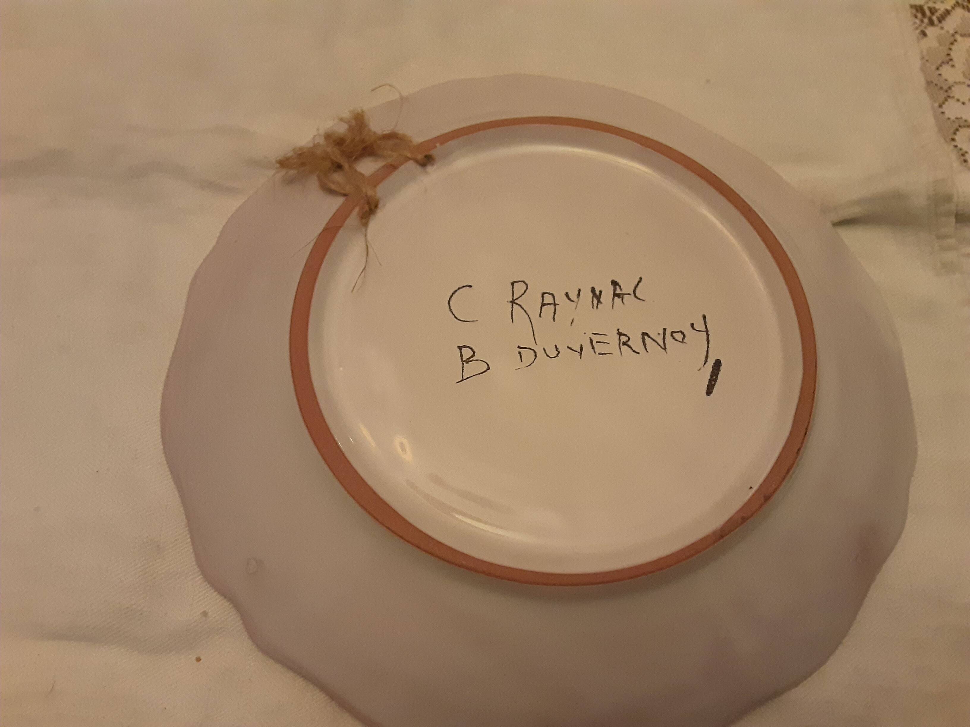 Antique faience plate with rooster pattern signed raynal duvernoy