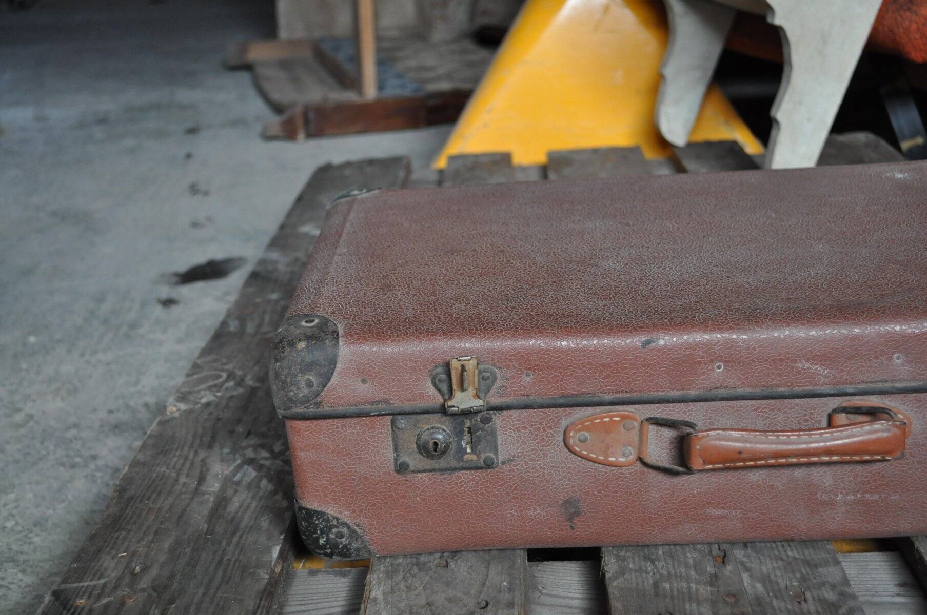 Vintage brown and black leather and metal suitcase - 1930s-1940s Czech Republic