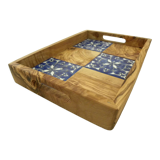 Rectangular top in natural olive wood with tile decoration
