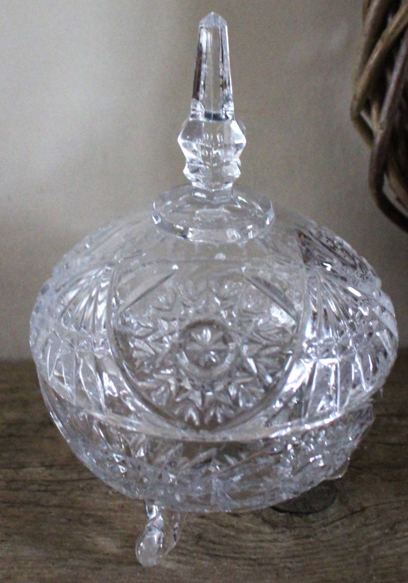 Cut glass sweet jar on feet