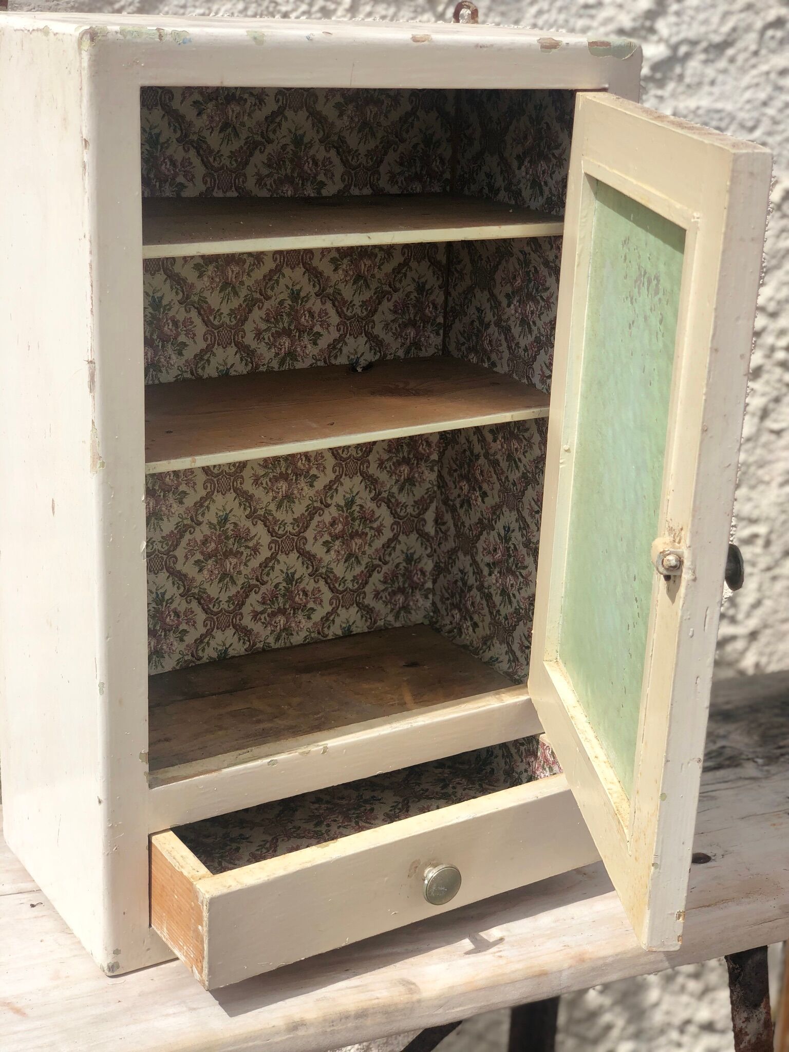 White medicine cabinet with window and drawer