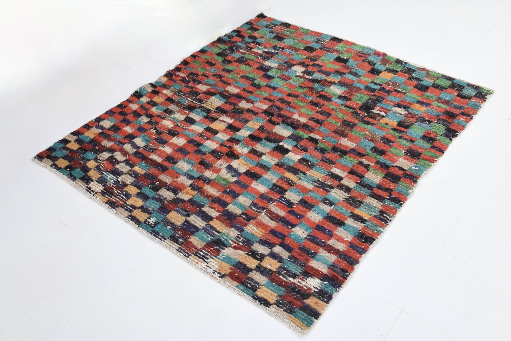 5x6 Multicolor Checkered Pattern Turkish Vintage Rug, 151x172Cm