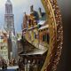 Large urban scene oil on wood framed painting John Haanstra vintage