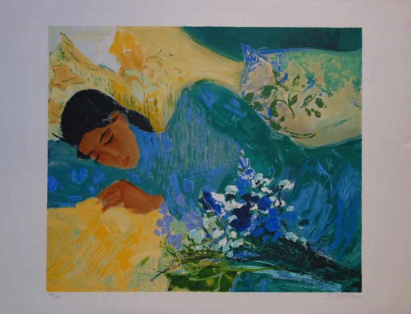 Lithograph "Gentleness, Young Woman Asleep" signed Nancy Delouis