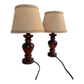 Duo of turned wood table lamp, jute lampshade, rustic chic