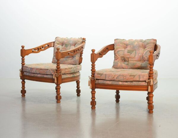 Fauteuils de salon en bois, collection Giorgetti Gallery, revêtement Gobelin, années 70