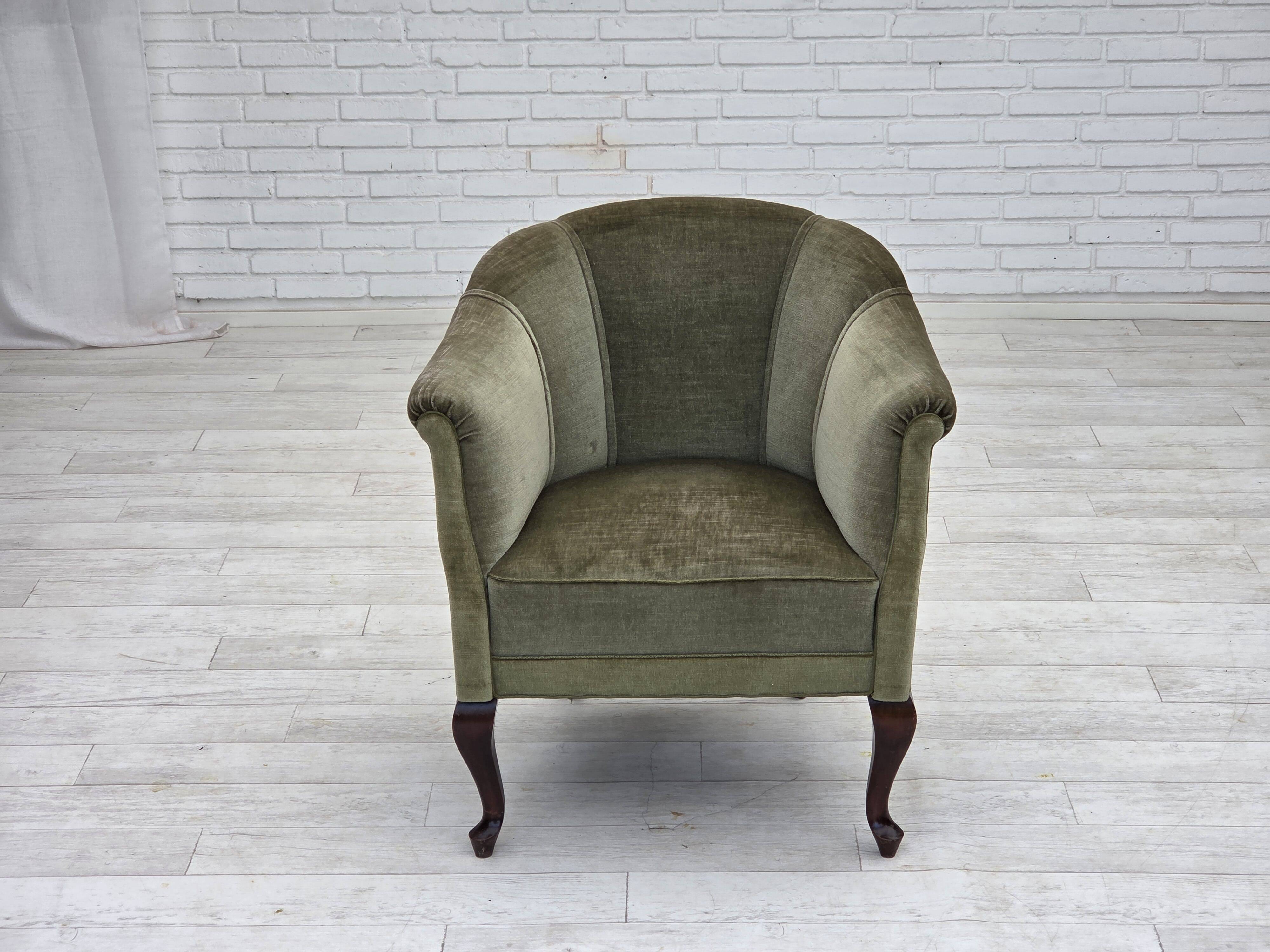 1960s, Danish armchair, green furniture velour, beech wood legs.