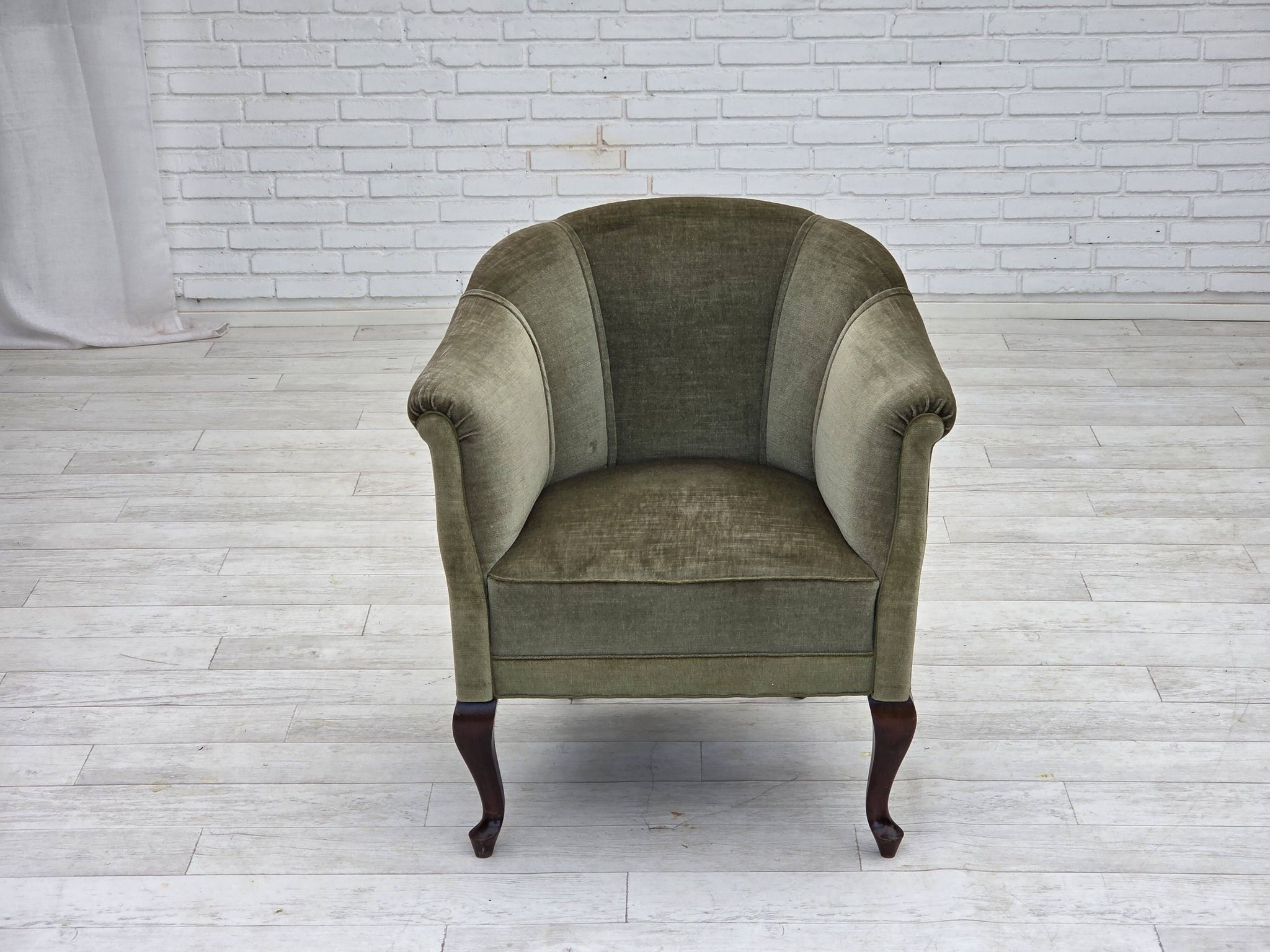 1960s, Danish armchair, green furniture velour, beech wood legs.