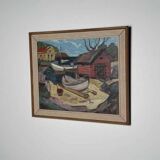 Huile sur toile suédoise d'époque mi-siècle – « Maison de bateau » par Nils Öberg – Vintage et encadrée – 53,5 × 45,5 cm (21,1" × 17,9")