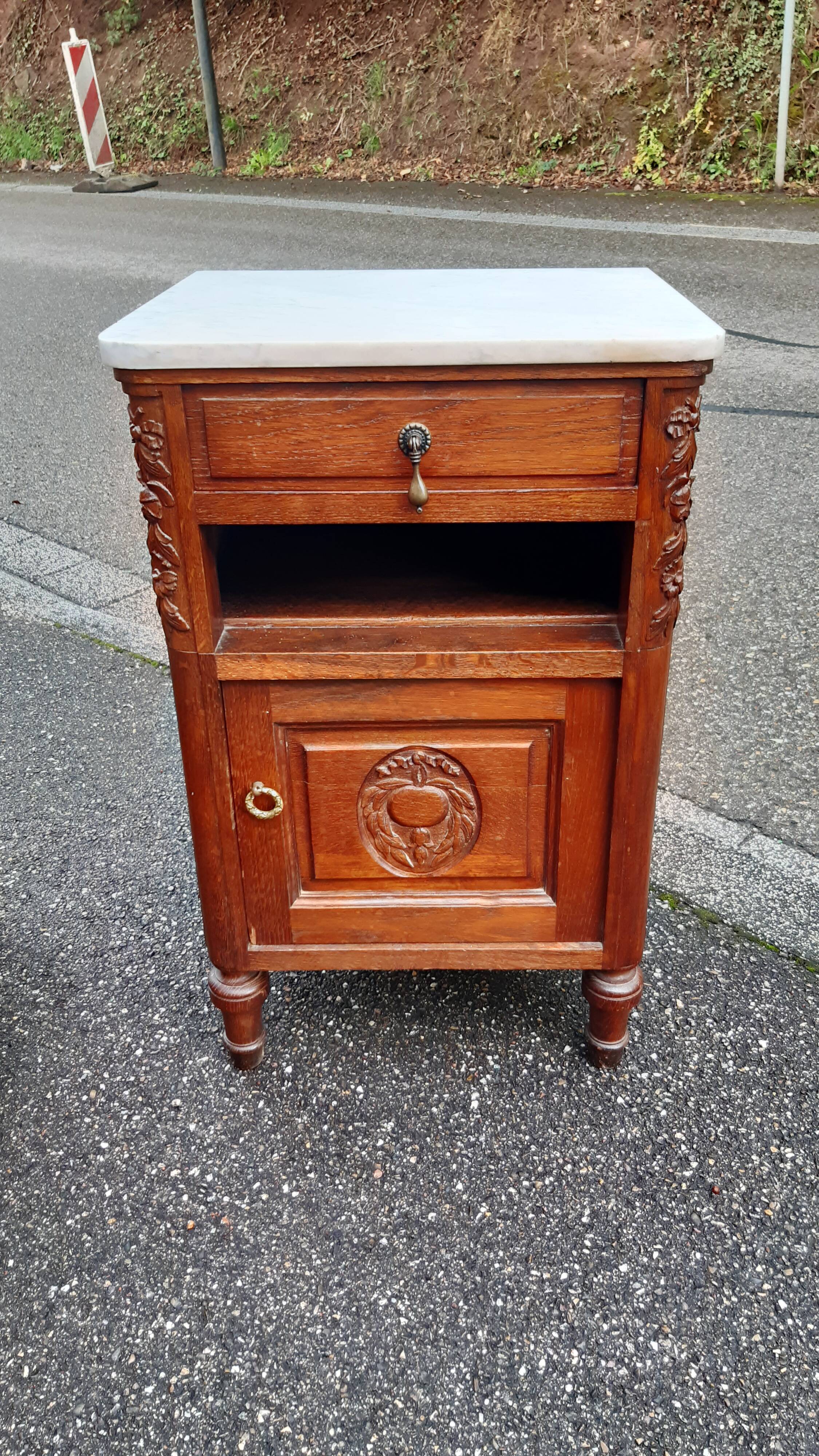 Solid oak and marble bedside tables