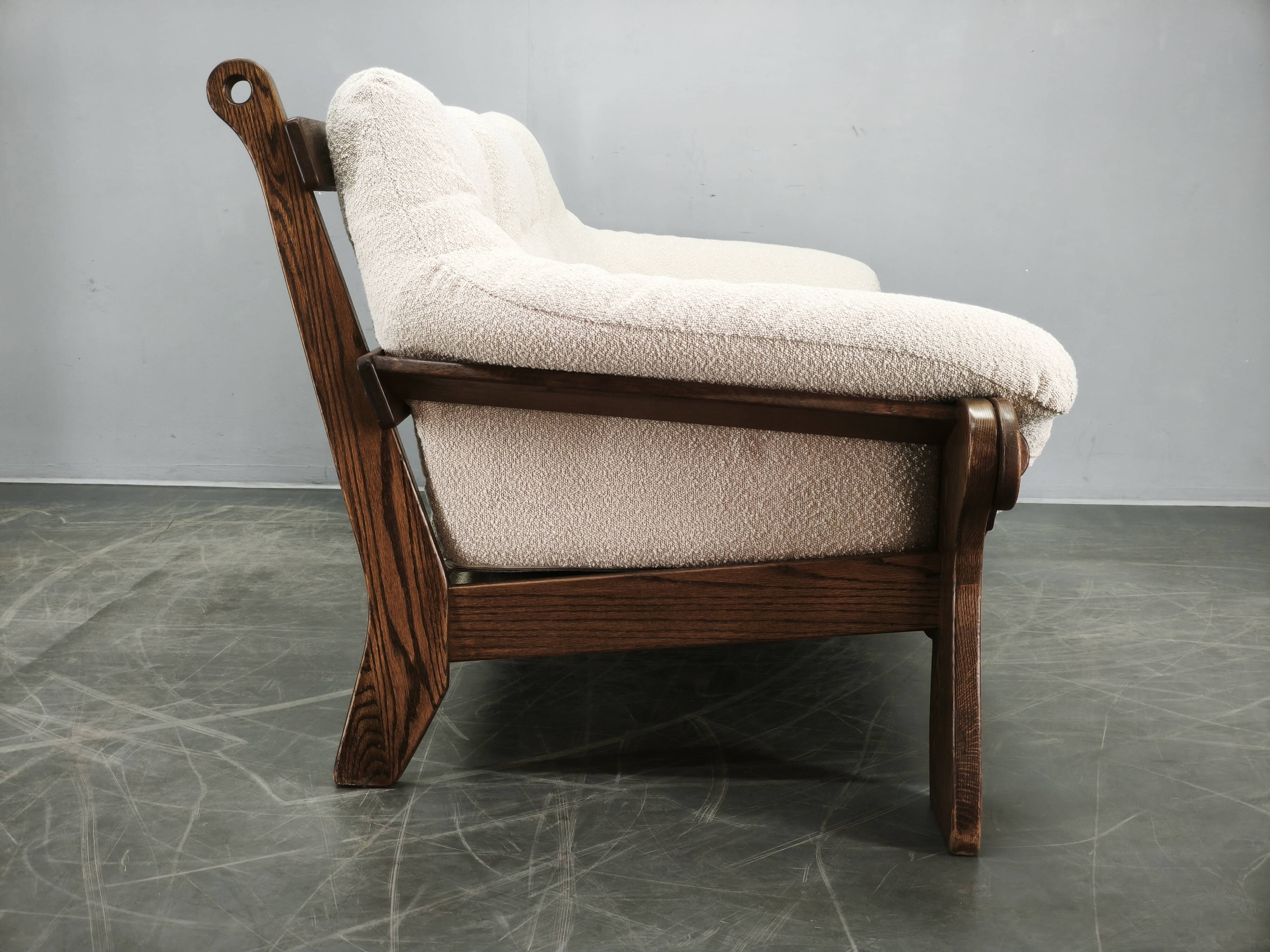 Brutalist Solid Oak and Bouclé Three-Seat Sofa, Czechoslovakia 1970s