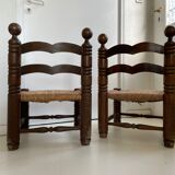 Pair of low oak and straw chairs