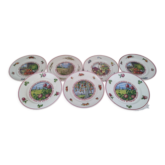 Lot de 7 assiettes plates anciennes Orchies & Moulin des Loups décor Hansi thème Potasse d'Alsace