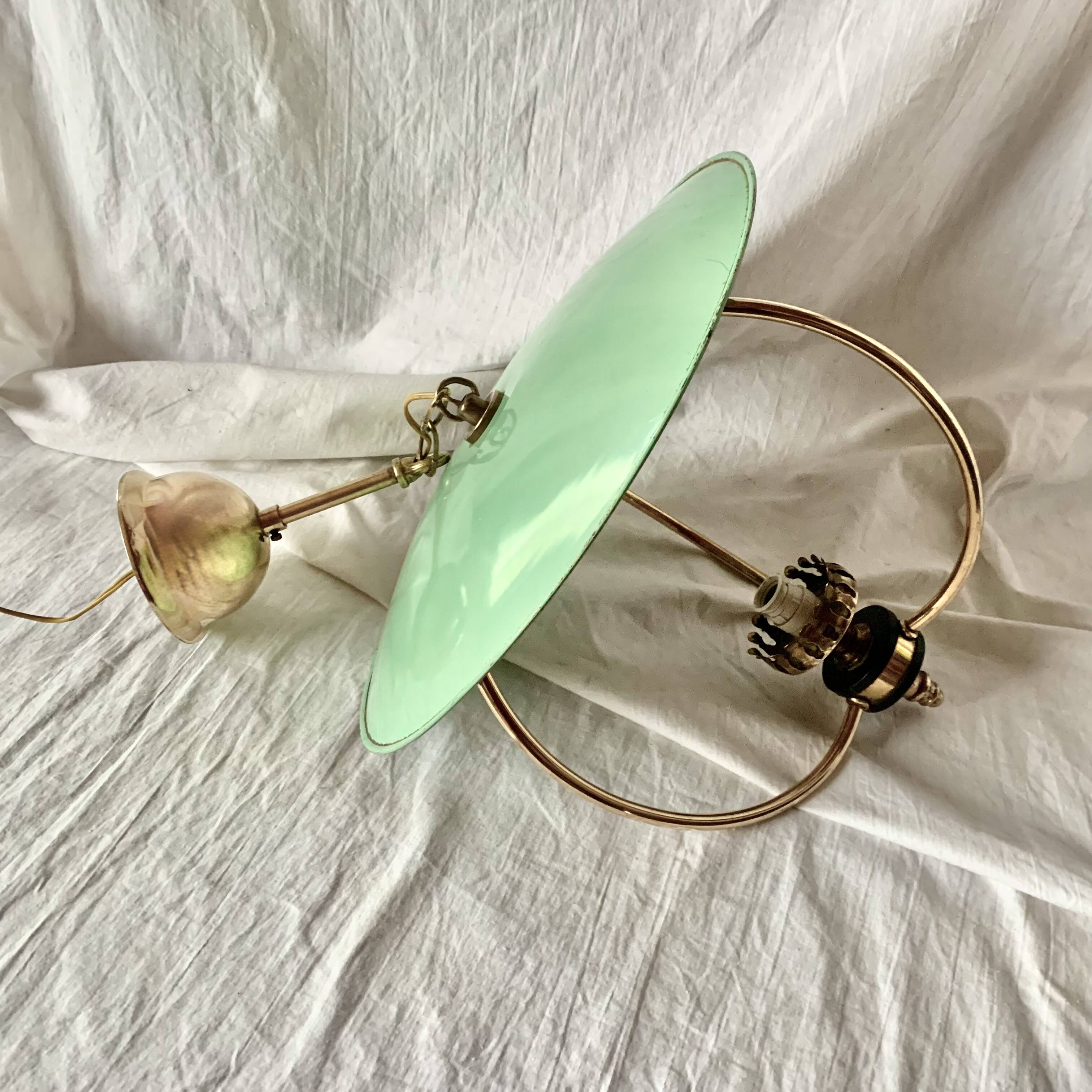 1950s pendant light in green lacquered metal and brass