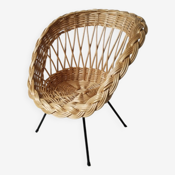 Children's rattan basket armchair, metal compass legs
