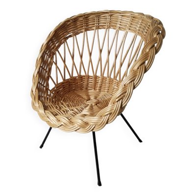 Fauteuil corbeille enfant en rotin, pieds compas métal