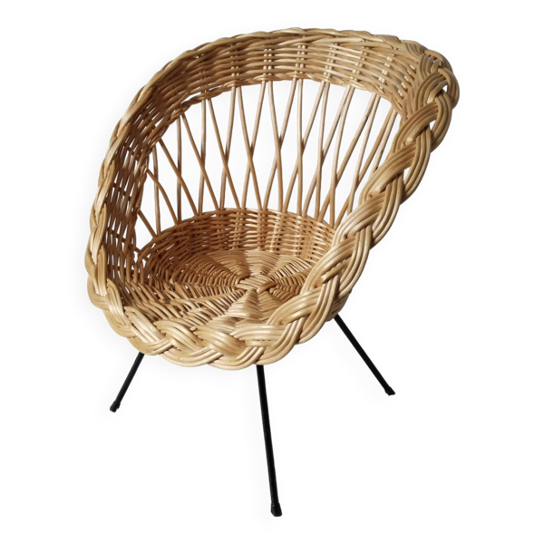Fauteuil corbeille enfant en rotin, pieds compas métal