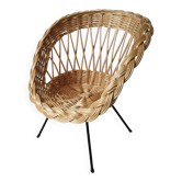 Fauteuil corbeille enfant en rotin, pieds compas métal