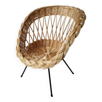 Children's rattan basket armchair, metal compass legs